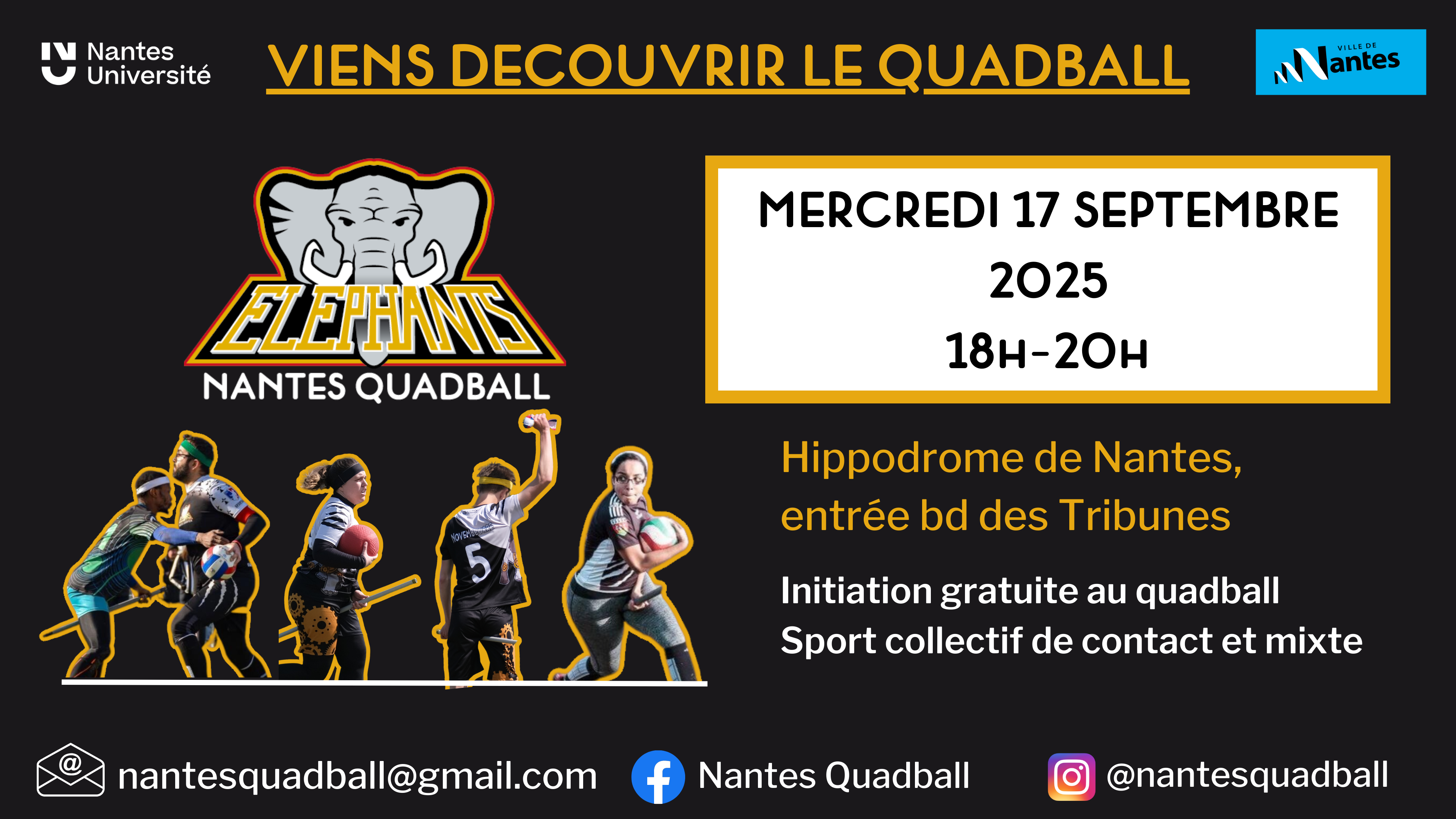 Bandeau d'appel pour la journée portes ouvertes de Nantes Quadball le 17 septembre de 18h à 20h